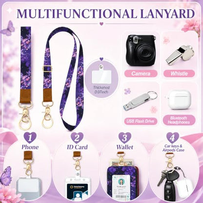Lightweight ID Badge Holder with Lanyard Card Holder, RFID Wallet Lanyard - color: Purple Butterfly