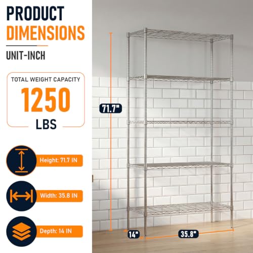 FDW | 5-Tier Wire Shelf | 36" x 14" x 72" | Chrome - color: Chrome, size: 36×14×72