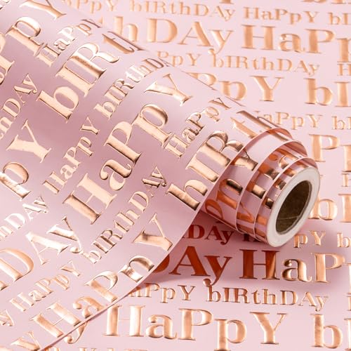 WRAPAHOLIC 3D Kraft Birthday Wrapping Paper Roll - Mini Roll - 17 Inch x 16.5 Feet - Rose Gold and Pink Happy Birthday Wrapping Paper with Embossed Perfect for Holiday, Party Celebration - color: Pink & Rose Gold Happy Birthday, size: 17 inch x 16.5 feet
