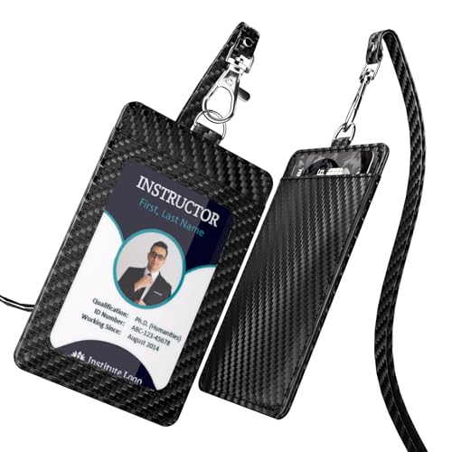 Carbon Fiber Work ID Card Holder with Lanyard is a Stylish and Durable Card Holder with Dual Card Capacity, Clear Display Window and Privacy Back Pocket (Black) - color: Black