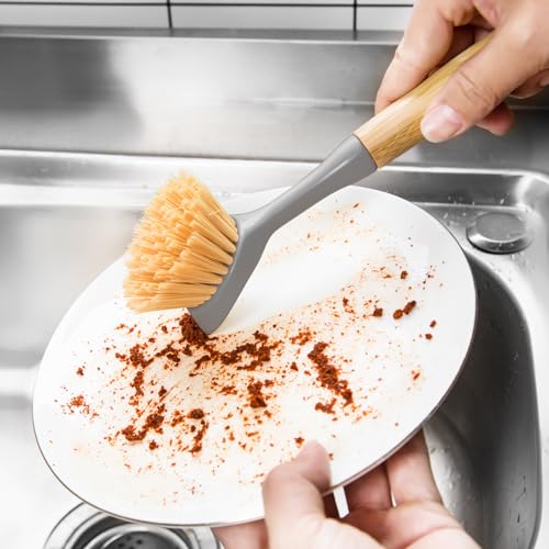 2 Pack Dish Brushes with Bamboo Handle, Kitchen Dish Scrubber Built-in Scraper, Scrub Brush for Pans, Pots, Counter & Kitchen Sink Cleaning, Dishwashing and Cleaning, Perfect Cleaning Tools, Gray - color: Gray