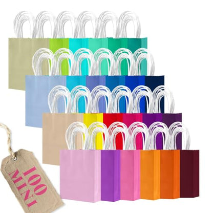 qiqee 100Pcs Paper Gift Bags with Handles - 4.5"×2.5"×6" Mini Party Favor Bags - 24 Solid Colors - size: 1 Count (Pack of 100)
