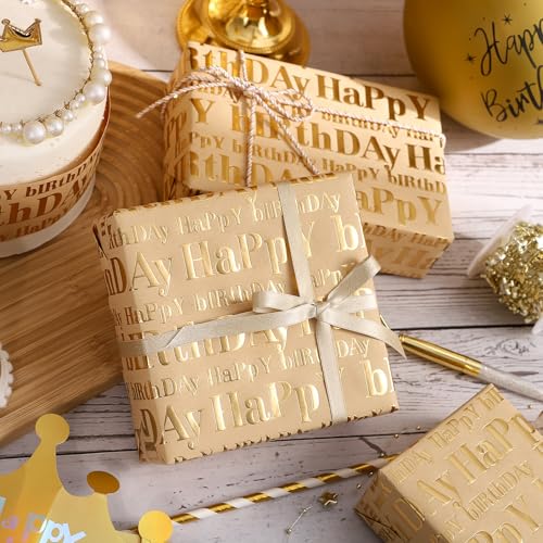 WRAPAHOLIC 30 Inch 3D Kraft Birthday Wrapping Paper Roll - 30 Inch x 16.5 Feet - Gold and Brown Happy Birthday Wrapping Paper with Embossed Perfect for Holiday, Party Celebration - color: Brown & Gold Happy Birthday, size: 30 inch x 16.5 feet