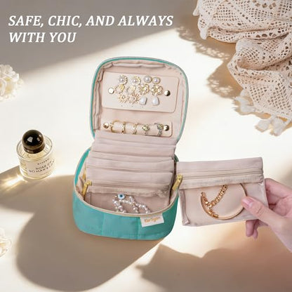 KarSyon Travel Jewelry Case Organizer Boxes with 8 Velvet Zipper Pouches - color: Teal, size: Small