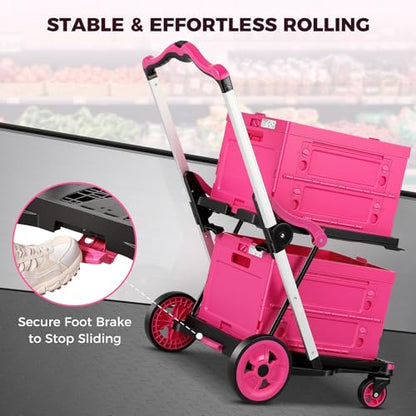 Collapsible Shopping Cart with Wheels, Foldable Platform Hand Truck (Pink) - color: Pink