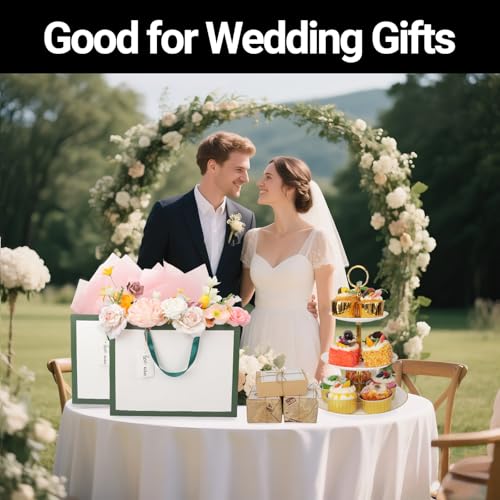 EUSOAR Large Gift Bags with Handles, 50pcs 16"x6"x12" Paper Wrap Bags Bulk, Merchandise Business Craft Grocery Retail Wrapping Thank You Bag for Wedding Birthday Party Favor Favor Bags-White/Green - color: White/Green
