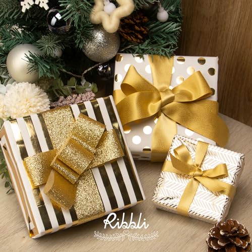 Ribbli Birthday Wrapping Paper White and Gold Gift Wrapping Paper for Christmas Mini Roll, 3 Rolls Polka Dots Stripes Geometry Pattern with Gold Foil - 17 inch x 120 inch(10feet) Per Roll - color: White/Gold