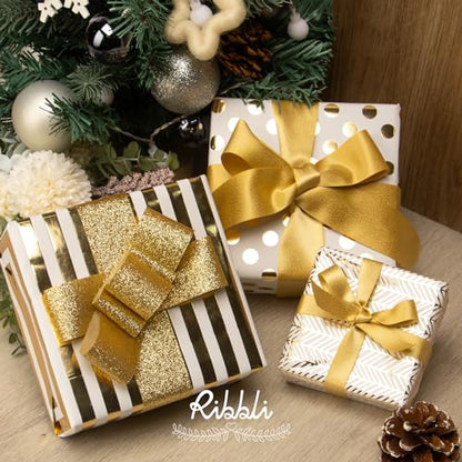 Ribbli Birthday Wrapping Paper White and Gold Gift Wrapping Paper for Christmas Mini Roll, 3 Rolls Polka Dots Stripes Geometry Pattern with Gold Foil - 17 inch x 120 inch(10feet) Per Roll - color: White/Gold