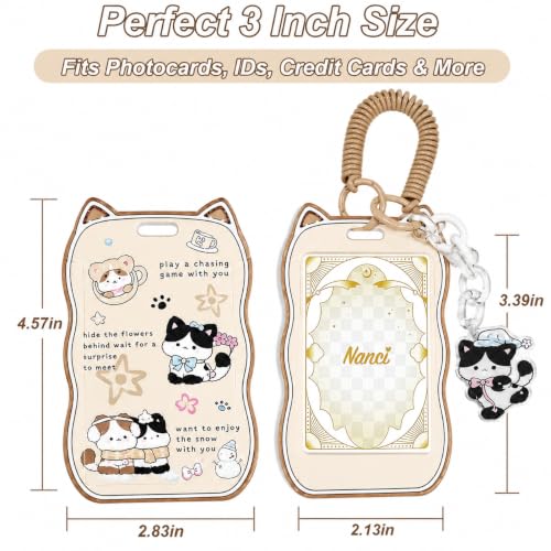 AZY Oat Beige Cat Ear Photocard Holder Set, ID Badge Holder with Lanyard - color: Brown
