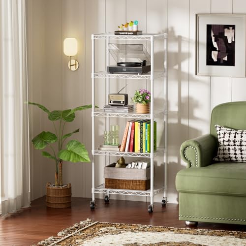 SINGAYE 5 Shelves Storage Shelf Wire Shelving Unit Metal Adjustable Wheels - color: White, size: 5Tier/11.5"D X 17.5"W X 57"H