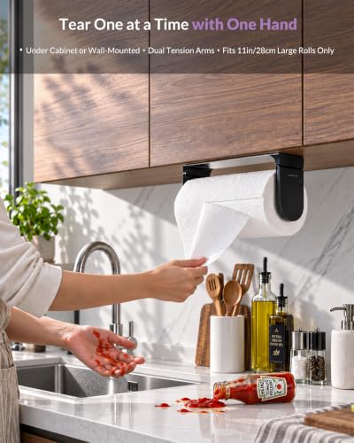 simpletome ONE Hand Tear Paper Towel Holder Under Cabinet Adhesive or Drilling Installation Aluminum Alloy + ABS (Black) - color: Black