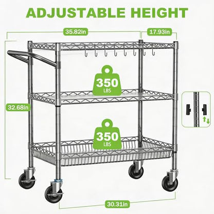 1050Lbs Heavy Duty 3 Tier Rolling Utility Metal Storage Cart with Wheels - color: Silver（18d X 36w X 32h, 1050lb）