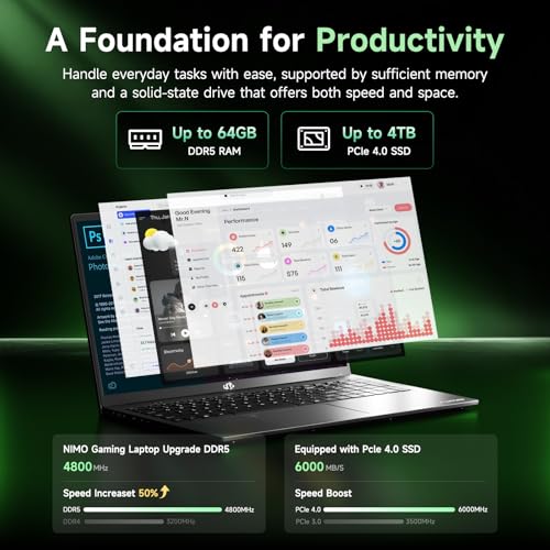 NIMO Light Gaming Laptop, AMD R7 7735HS (8C/16T, Up to 4.75GHz, Beat i7-12650H) 16GB DDR5 RAM 256GB SSD Business Computer with 15.6" FHD Display Radeon 680M GPU 180° View 2-Year Warranty 100W Type-C
