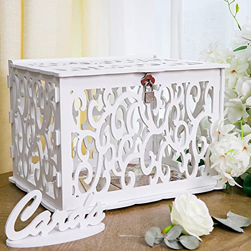 Hollow Wedding Card Box with Lock, White Gift Card Box for Reception - color: White