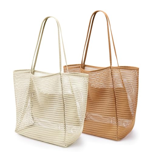 KALIDI Beach Mesh Tote Bag, Casual MAX 23L Summer Foldable Hobo Bag Women - color: Beige Khaki