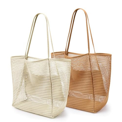 KALIDI Beach Mesh Tote Bag, Casual MAX 23L Summer Foldable Hobo Bag Women - color: Beige Khaki