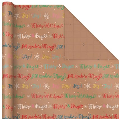 Hallmark Christmas Wrapping Paper Rolls, Brown Kraft Holiday Gift Wrap (Pack of 3: 90 sq. ft. ttl) Snowflakes, Pink Trees, "All Kinds of Merry"