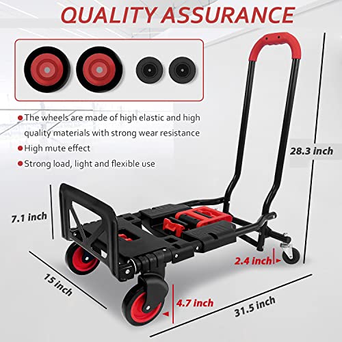 Folding Hand Truck, Portable Dolly Cart with Rubber Wheels and Retractable Handle, 2 in 1 Design 330lbs Capacity Hand Cart Foldable for Transportation/Luggage/Mobile/Travel/Office Use - color: Red