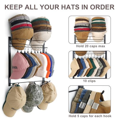 Hat Rack, Metal 3-Tier Wall Organizer Holds Up to 45 Caps with 10 Clips - color: Black-10 Clips 3-Tier
