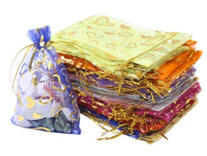 Stratalife 5"x7" Heart Printed Organza Bags with Drawstring, 100PCS - color: 100pcs Mix 5X7