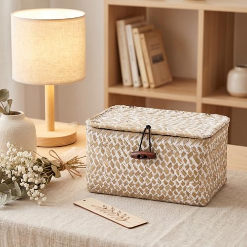 Hipiwe Wicker Shelf Basket Box Mini Seagrass Baskets with Lid,6.1"x4"x3.3" - color: Whitewash color, size: 6.1" x 4" x 3.3"