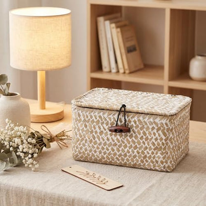 Hipiwe Wicker Shelf Basket Box Mini Seagrass Baskets with Lid,6.1"x4"x3.3" - color: Whitewash color, size: 6.1" x 4" x 3.3"