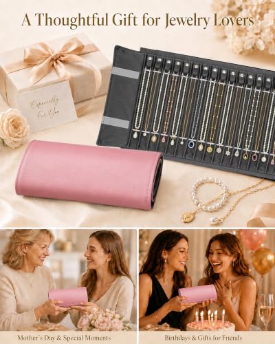 Travel Necklace Organizer, Tangle Free Jewelry Case, 16 Slots - color: Pink PU and gray velvet