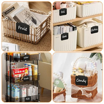 Basket Labels Clip On Set:16 Pcs Plastic Removable Labels with 1 Pcs White Chalk Marker for Storage Bins,Kitchen Pantry,Fabri Box,Hanging Bin