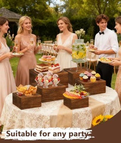 6 Pack Square Wooden Display Risers, Rustic Buffet Food Stands with Cards & Pens