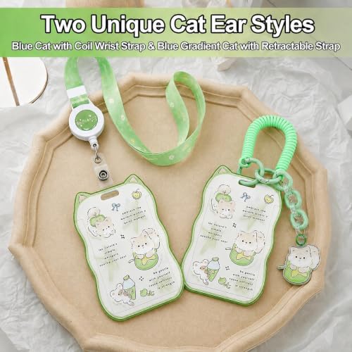AZY Green Cat Ear Photocard Holder, ID Badge Holder with Lanyard Set | badge-holders - color: Green