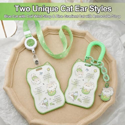 AZY Green Cat Ear Photocard Holder, ID Badge Holder with Lanyard Set | badge-holders - color: Green