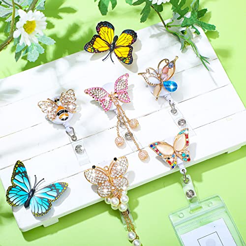 Teling 10 Pcs Butterfly Badge Reels Retractable Butterfly Animal Style Bling Rhinestone Badge Holders with Alligator Clip for Nurse ID Name Card Teacher Students Volunteers and Employees - style: Butterfly Style