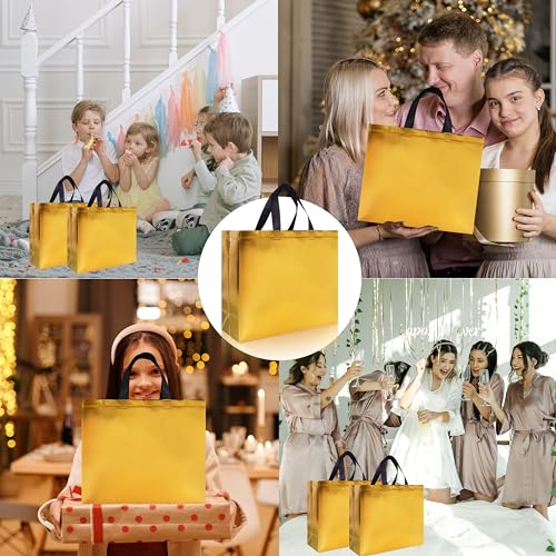 cabzymx 15 Pcs Glossy Yellow Gold Reusable Gift Bags Bulk, 12.6 x 4.7 x 11 In Holiday Party Bags with Handles & Sturdy Bases, Ideal Goodie Bag for Birthday, Wedding, Xmas, Thanksgiving - color: Yellow, size: 1 Count (Pack of 15)