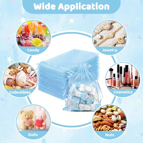 FUNFERY 100Pcs Baby Blue Organza Bags 5x7 in,Small Mesh Drawstring Gift Bag - color: Baby Blue
