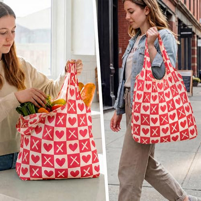 Stelle Lightweight Reusable Grocery Bag with Handles Ripstop Nylon Foldable Tote Shopping Bags for Travel and Groceries - color: Love Match