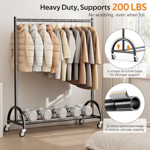 MISSLO Heavy Duty Clothing Rack with Wheels Rolling Clothes Racks for Hanging Clothes, Coats, Garment, Dress, Black - color: Black, size: 43"W x 14.8"D x 66"H (Large)