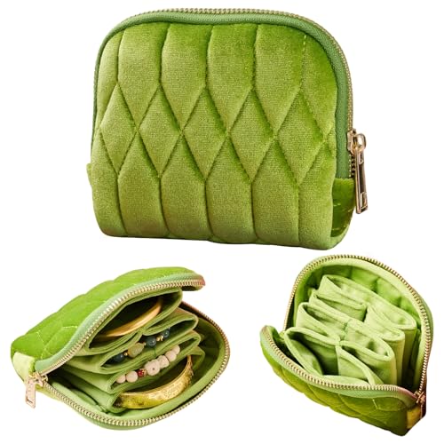 shunmei Small Jewelry Travel Case, Diamond Quilted Velvet, Olive Green - color: Olive Green