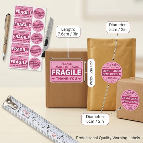 300 Pcs Fragile Stickers for Shipping, Pink Handle with Care Labels, 3 x 2 Inch Fragile Labels and 2 Inch Do Not Bend Stickers for Moving Boxes, Mailers, Packaging