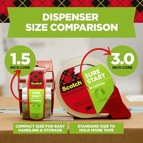 Scotch Sure Start Packing Tape, Clear, Quiet Unwind and Easy Start, Moving Supplies, 1.88 in. x 22.2 yd., 6 Tape Rolls with Dispensers - size: Case