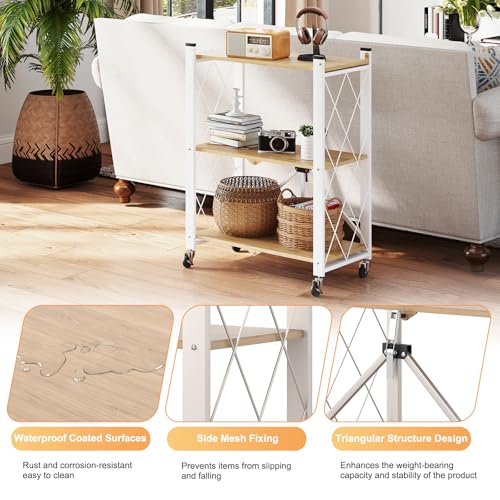 3 Tier Folding Shelf with Wheels, Metal Steel Collapsible Shelves - color: Natural, size: 3 Tier