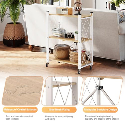 3 Tier Folding Shelf with Wheels, Metal Steel Collapsible Shelves - color: Natural, size: 3 Tier