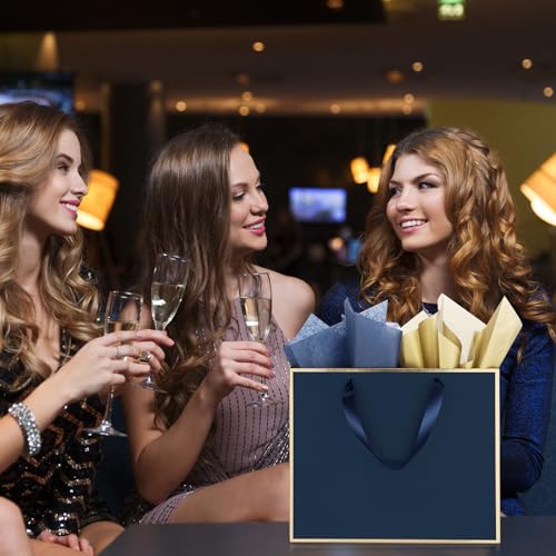 ReliThick 12 Pack Paper Gift Bag with Handles & Tissue, Navy Blue, Gold - color: Navy Blue, Gold