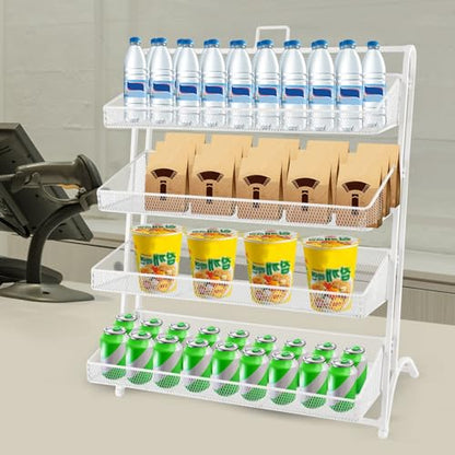 4 Tiers Retail Candy Display Rack, Snack Display Stand Metal Snack Organizer with Baskets, Snack Shelf For Countertop Wire Snack Spice Holder for Kitchen Supermarket (White)