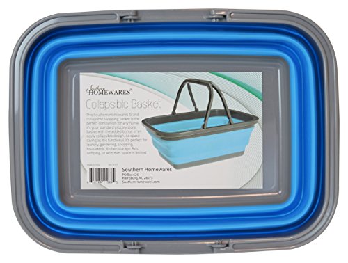 Collapsible Shopping Basket Tote – Silicone Market Basket with Handles, Portable and Foldable, Blue
