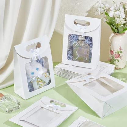 NBEADS 12 Pcs Kraft Paper Bags with Window, 2.8x5.51x7.68 Inch Stand Up Gift Bag with Handles Gift Bag with Clear Window for Candy Cookies Packaging Wedding Christmas Party Store Retail, White - color: White-12Pcs-l.w.h:5.51x2.8x7.7"