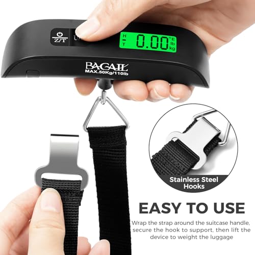 BAGAIL Digital Luggage Scale, 110lbs Hanging Baggage Scale with Backlit LCD Display, Portable Suitcase Weighing Scale, Travel Luggage Weight Scale with Hook, Strong Straps for Travelers - color: Black