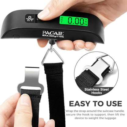 BAGAIL Digital Luggage Scale, 110lbs Hanging Baggage Scale with Backlit LCD Display, Portable Suitcase Weighing Scale, Travel Luggage Weight Scale with Hook, Strong Straps for Travelers - color: Black