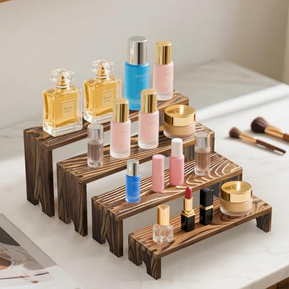 2 Set wood tone Wooden Tiered Display Stands 4 Tier Stackable Pine Wood Display Risers, Suitable for Vendor Events, Cupcake Stands, cake stand Wooden Dessert Table Sets, Vendor Booth Displays,Cosmetic & pantry organizers and storage can organizer, Kitchen
