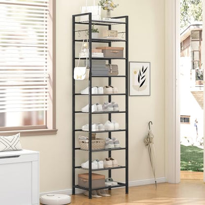 usikey 10 Tiers Narrow Shoe Rack 20-30 Pairs, Sturdy Metal Tall Shoe Rack Shelf with 4 Hooks, Slim Shoe Storage with Metal Shelf, Space Saving Vertical Shoe Organizer for Closet Entryway, Black - color: 10 Tier ( 17.9 X 11 X 69.2 Inches)-black