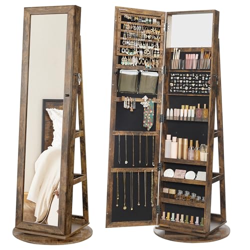 SONGMICS 360° Swivel Jewelry Cabinet, Full-Length Mirror, Lockable - color: Rustic Brown, style: Framed Mirror, Classic